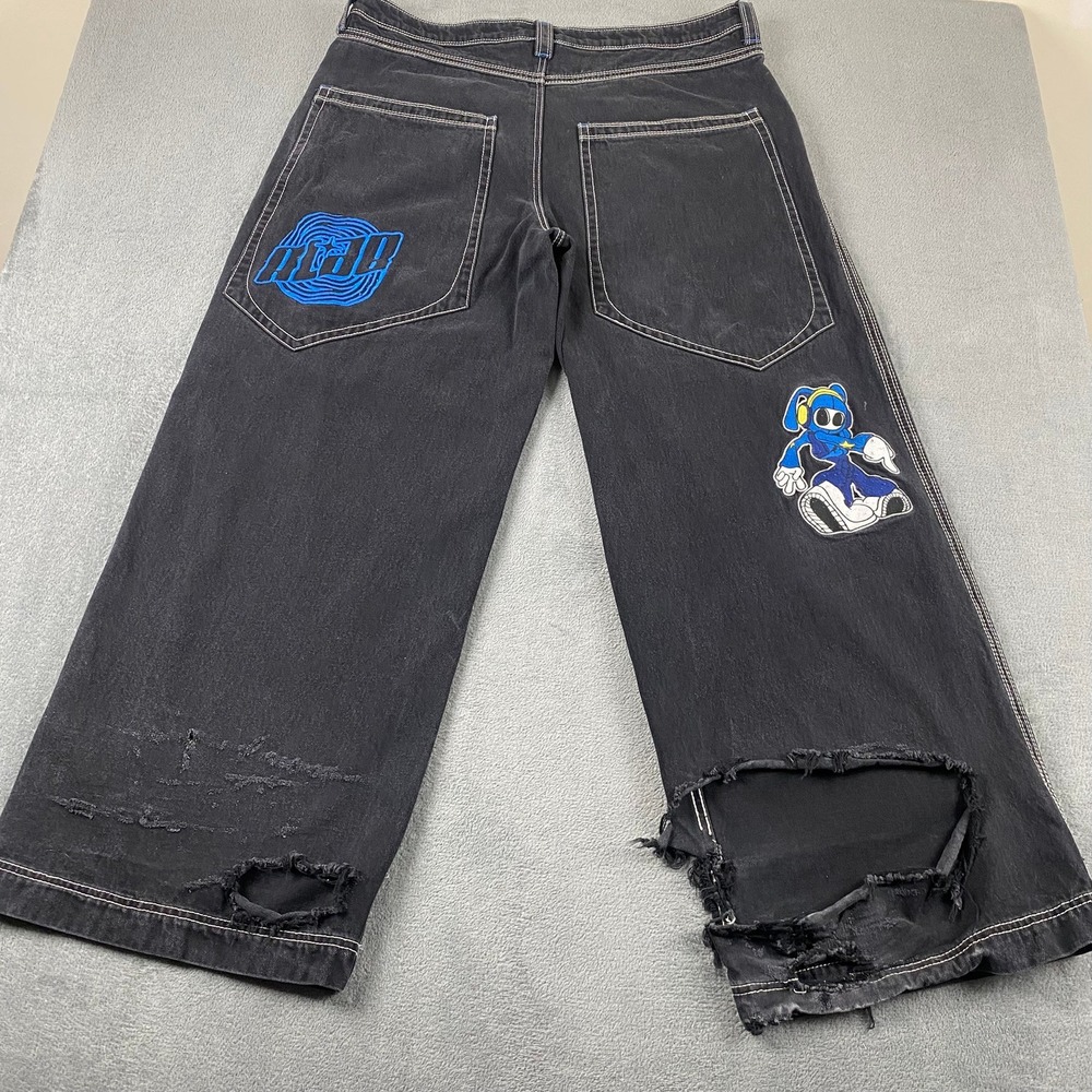A-Lab Men 40x32 Baggy Skate Jeans Trashed Y2K  Black Embroidered Wide Leg